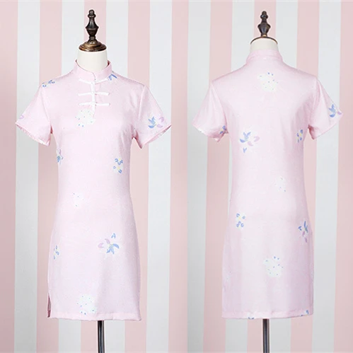 

Begonia Miss-Grass Embroidery Cheongsam Chinese Qipao Vintage Dress Mini Dress Short Sleeve Pink & Blue