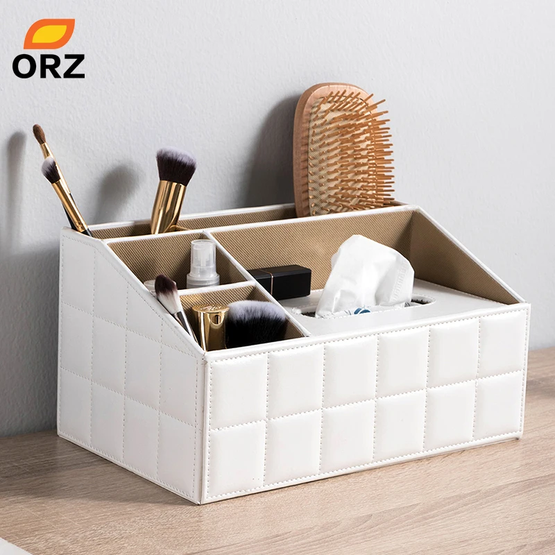 

ORZ Home Office Tissue Box Desktop Organizer PU Leather Napkin Holder Remote Control Holder Storage Basket Tissue Box Cover