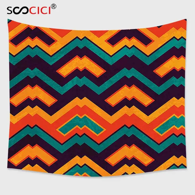 

Cutom Tapestry Wall Hanging,Retro Colorful Zig Zag Chevron Pattern Vintage Geometric Abstract Tile Hand Drawn Artwork Multicolor