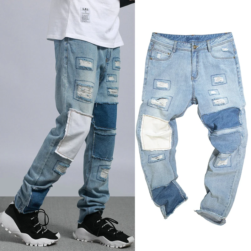 

2019 New Streetwear Men Jeans Pants Patchwork Blue Man Biker Jeans Patch Cloth Denim Trousers Men
