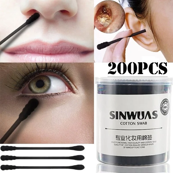 

200Pcs Activated Black Anti-bacterial Cotton Swab Nose Ear Buds Tips Double Head Cleaning Tool Women Makeup Cotton Buds