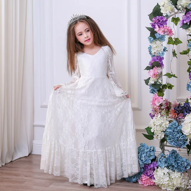 lace vintage first communion dresses with long sleeve flower girls