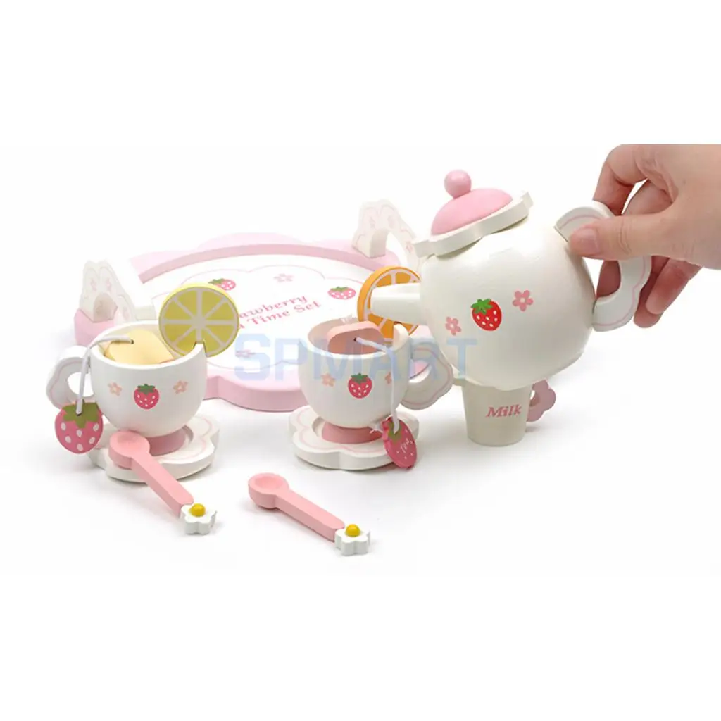 Miniature Dollhouse Wooden Strawberry Themed Afternoon Tea Set Food Kitchen Pretend Play Set