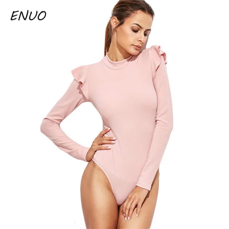 

Navy Mock Neck Pullover Bodysuit Women Cute Ruffle Long Sleeve Burgundy Bodysuits Skinny Pink Sexy Basic Lady Bodysuit