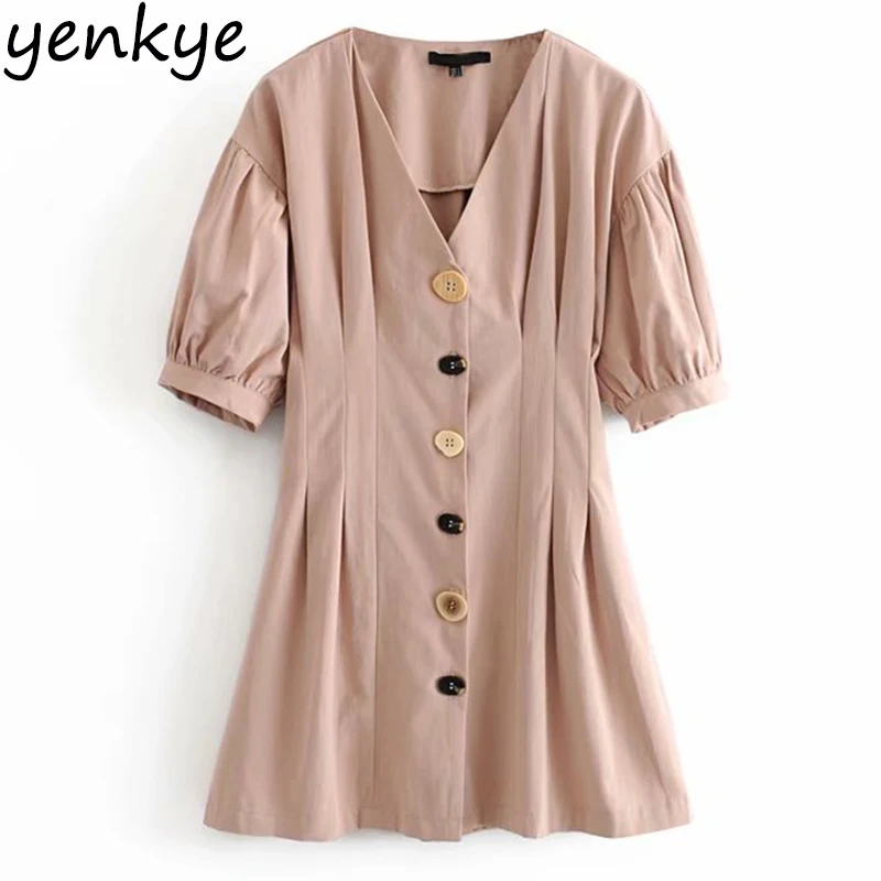 

Summer 2019 Women Front Button Solid Color Vintage Linen Dress Female Lantern Sleeve V Neck Slim A-line Dress Casual short