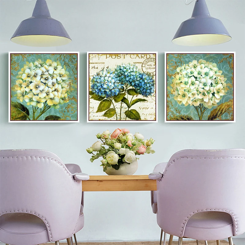 

3D Handmade Hydrangea Diamond Embroidery Canvas Square Three-picture Combination Wall Painting for Living Room