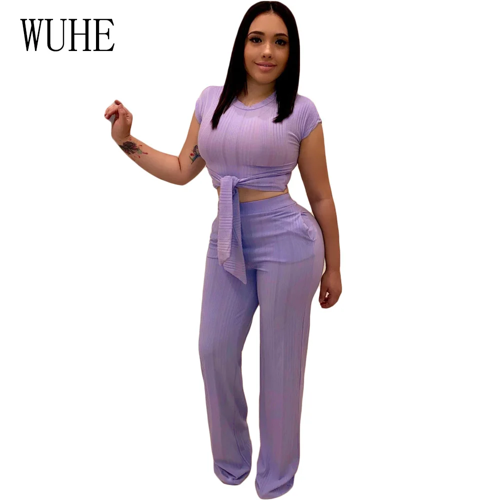 

WUHE 2 Piece Set Jumpsuits Women Knitted Tracksuit High Stretchy Ribbed Front Tie Short Sleeve Crop Top + Wide Leg Pants Outfit