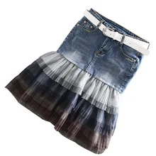 Высокий облегающий талию, бедра джинсы джинсовая юбка женская летняя мода до колена сетка строчка H288