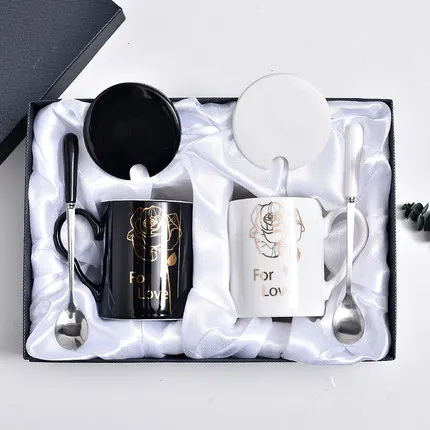 Комплект из 2 предметов, красивая керамическая кружка, свадебная Подарочная кружка, набор для подруг, пара чашек с крышкой, ложка, домашняя чайная чашка