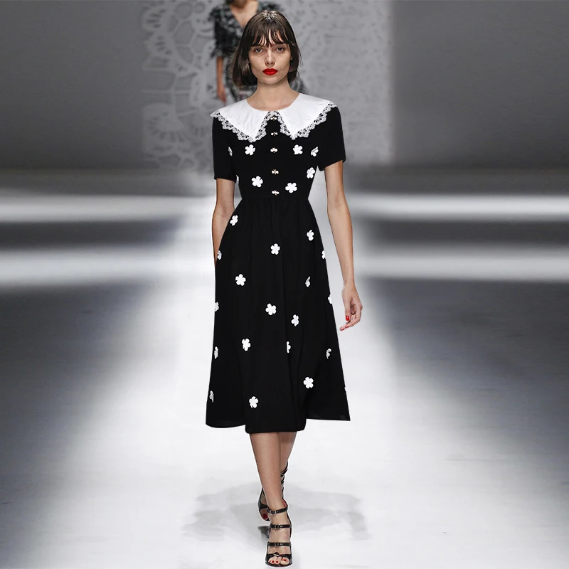 

New Summer Runway Women Short Sleeve Lace Peter Pan Collar Elegant Midi Dress Black Floral Embroidery Casual Party Dress Vestido