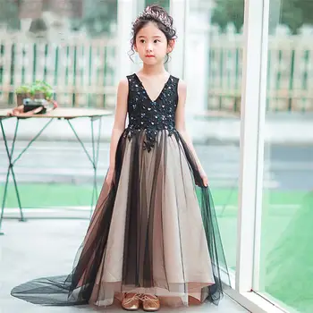 

2019 Kids Girls Lace Appliques Ball Gown Teens Girls Beads Pageant Trailing Prom Dress Children Pearls Mesh Princess Gown Q380
