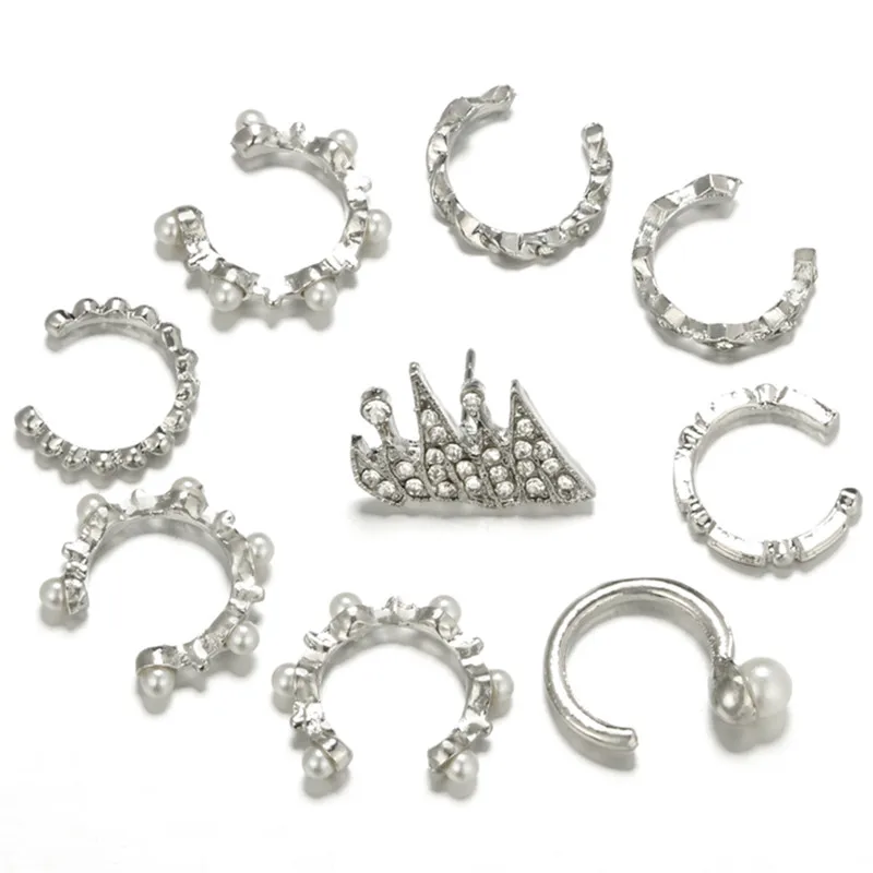 

9PCS/Set Simulated Pearl Ear Clip Earrings Set Boho Design Ear Cuff Brinco Statement Wedding Bohemia Ear Jewelry Bijoux