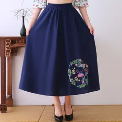 Новые осенние Для женщин юбка национальной вышивкой хлопок и лен юбки зеленый черный темно-синий 0361