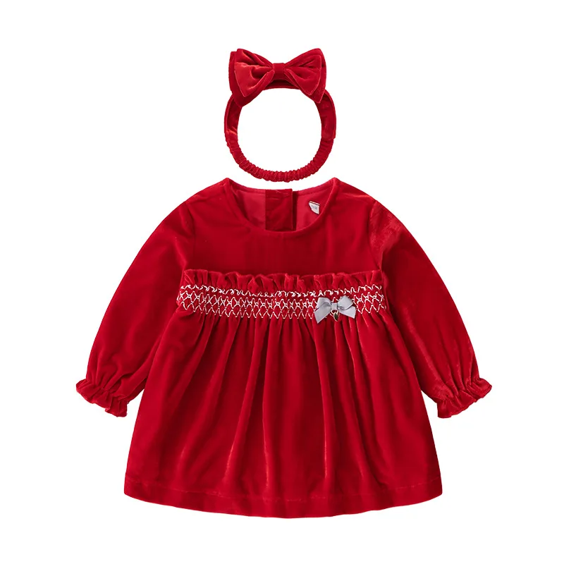 Новинка; сезон весна-осень; праздничное красное высококачественное бархатное платье для маленьких девочек; платье с длинными рукавами