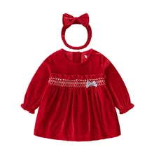 Новинка; сезон весна-осень; праздничное красное высококачественное бархатное платье для маленьких девочек; платье с длинными рукавами