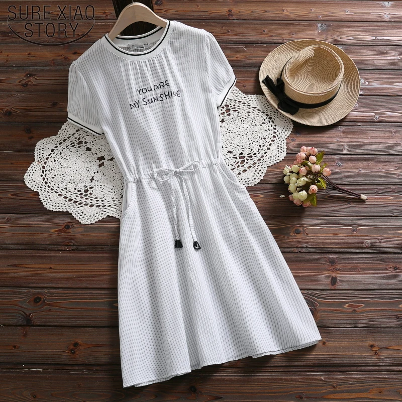 

Embroidery hight Waist Short sleeve Dress 2019 summer new cotton small fresh college wind sweet round neck striped Dress 4550 50