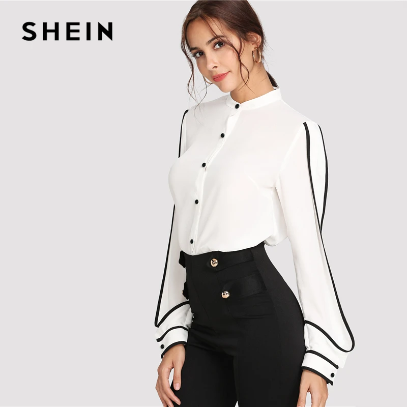 SHEIN Белая Блузка С Элегантным Воротником-Стойкой, Осенний Топ С Длинными Рукавами И Черными Полосками, Офисная Блуза