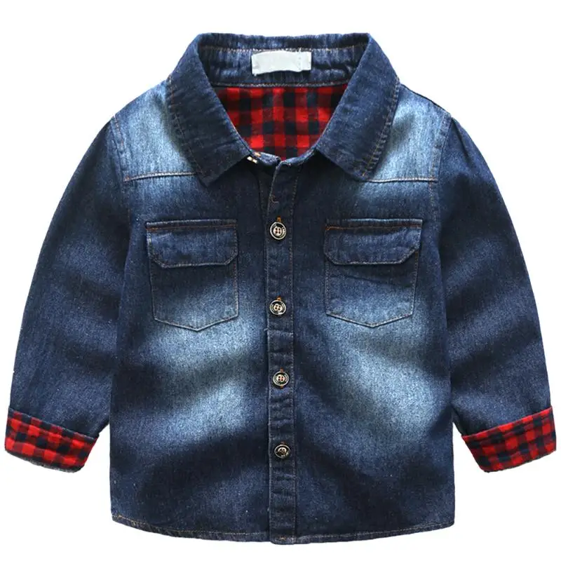 Baby Boys Jeans Jackets Coats Fashion Leisure Children Boys Lapel Splicing-Plaid Denim Coats Jacket Kids Outwear