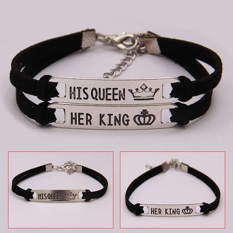 LISTE&LUKE Newly 2Pcs Matching Set His Queen Her King Alloy Couple Bracelet Jewelry Gift Charm Jewelry
