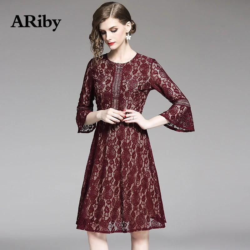 Women Dress 2019 Summer Fashion Office Lady Vintage Dress Solid Lace Hollow Out Three Quarter Flare Sleeves O-Neck A-Line Dress Women Dress 2019 Summer Fashion Office Lady Vintage Dress Solid Lace Hollow Out Three Quarter Flare Sleeves O-Neck A-Line Dress