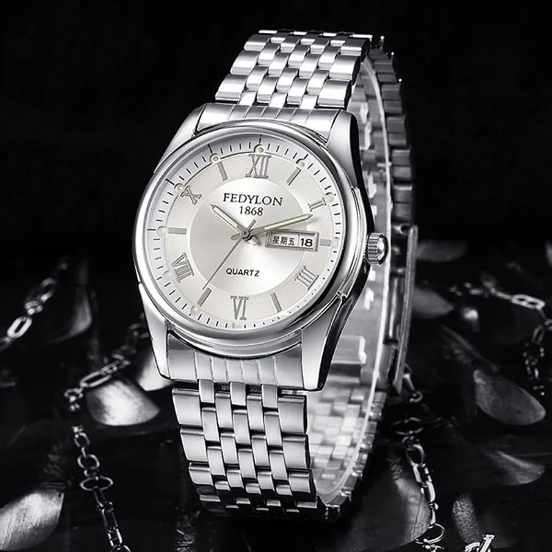 FEDYLON брендовые новые мужские наручные часы модные роскошные Бизнес Кварцевые часы для мужчин сталь Дата Неделя двойной дисплей Hodinky Erkek Saat - Цвет: Белый