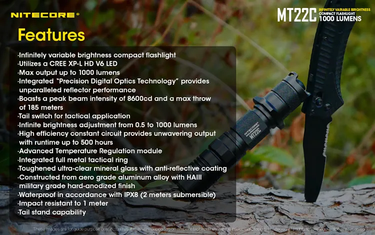 NITECORE MT22C 1000 люмен светодиодный тактический поворотный переключатель фонарик поиск портативный литой фонарь без батареи 18650