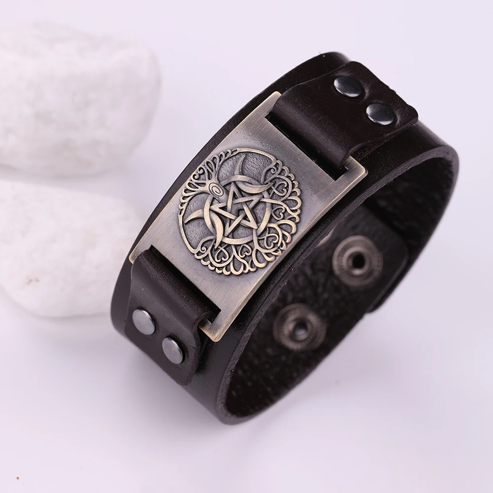 Fishhook Дерево жизни Тройная Луна богиня Пентакль Pulseira masculina языческий амулет кожаные браслеты Регулируемые мужские ювелирные изделия