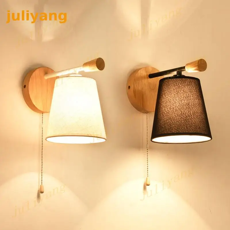 Nordic Wood Wall Light Fixture Pull Sconce With Switch Bedside Wall