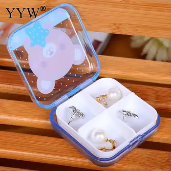 

4cells Small Square Jewelry Storage Box Portable Plastic Folding Medicine Container Earring Ring Cute Cartoon Pattern 65x65x21mm