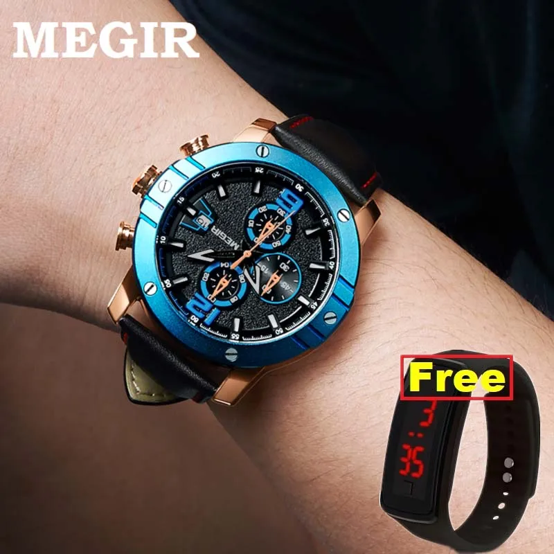 MEGIR Men Watch Relogio Masculino Top Brand Luxury Leather Military Clock Quartz Watches Relojes Hombre 2046 2048 HOT | Наручные часы