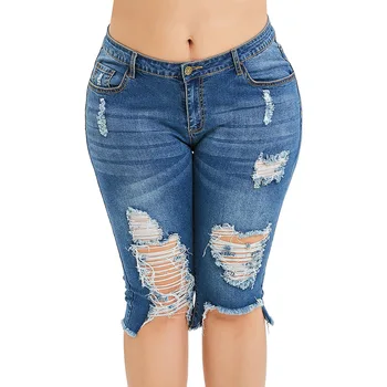 

ROSEGAL Plus Size Women Short Jeans Summer Ripped Denim Shorts Zipper Fly Mid Waist Pencil Short Pants Casual Streetwear