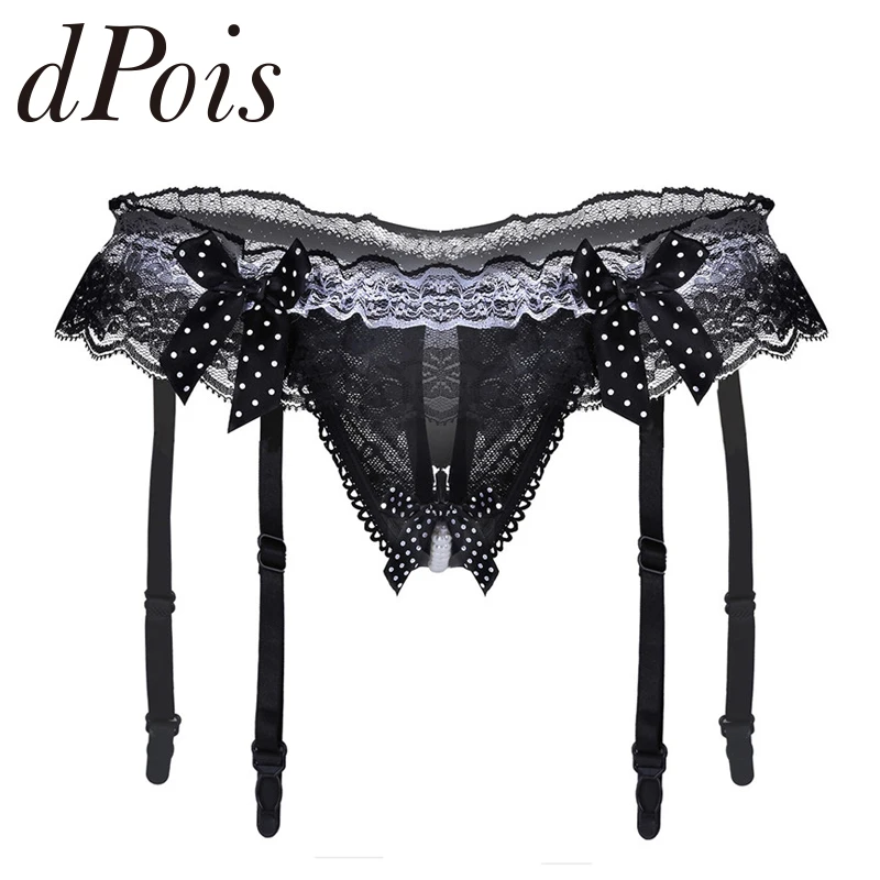 

Women Lingerie Crotchless Open Back Ruffle Lace Bowknot Low Rise G-string Briefs Underwear with Garters Sexy Panties Underpants