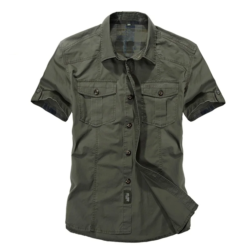 Online Jeep Einfarbig Baumwolle Herren Shirts Kurzarm drehen unten Kragen Armee Grün Khaki Männer Tops Casual Männlichen Camisas hemd XXXL 2018