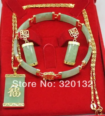 

CHINESE HANDWORK green jade 18K GP necklace earrings bracelet Jewelry Set Silver gold plated Jewellery sets Fast shipping