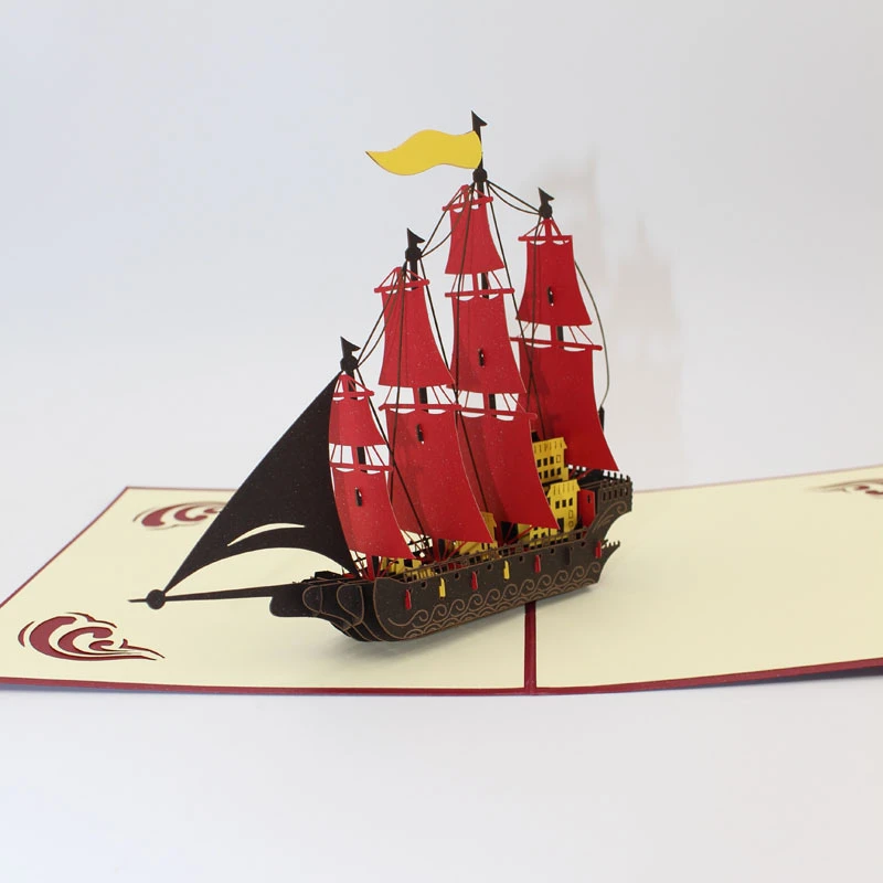 Carte De Vœux 3d Faite A La Main Avec Enveloppe Drapeau Rouge Bateau Pirate Retro Cadeau D Anniversaire Pour Enfants Aliexpress