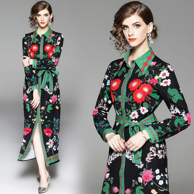 

2019 Spring Summer Fall Autumn Vintage Floral Print Sashes Collar Long Sleeve Women Lady Party Casual Loose Robe Luxury Dress