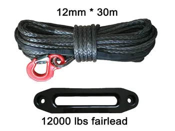 

12mm * 30m synthetic winch rope with 2 tons hook and 12000lbs black aluminum hawse fairlead