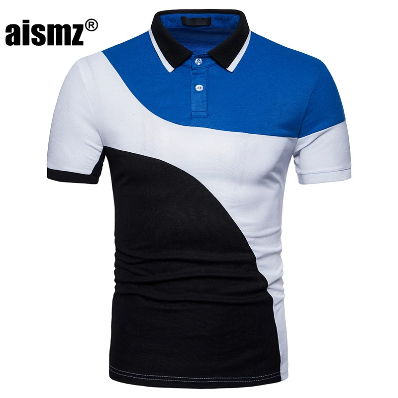 

Aismz Polo Shirt Men 2019 Summer Brand Male Short Sleeve Casual Korean Trend Patch Color Polo Tee Plus Size S-XXL White Black