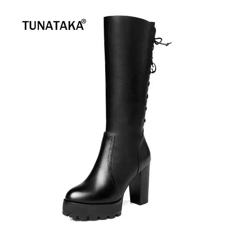 

Female Genuine Leather Platform Thick High Heel Knee High Boots Fashion Round Toe Zipper Fall Winter Shoes Black