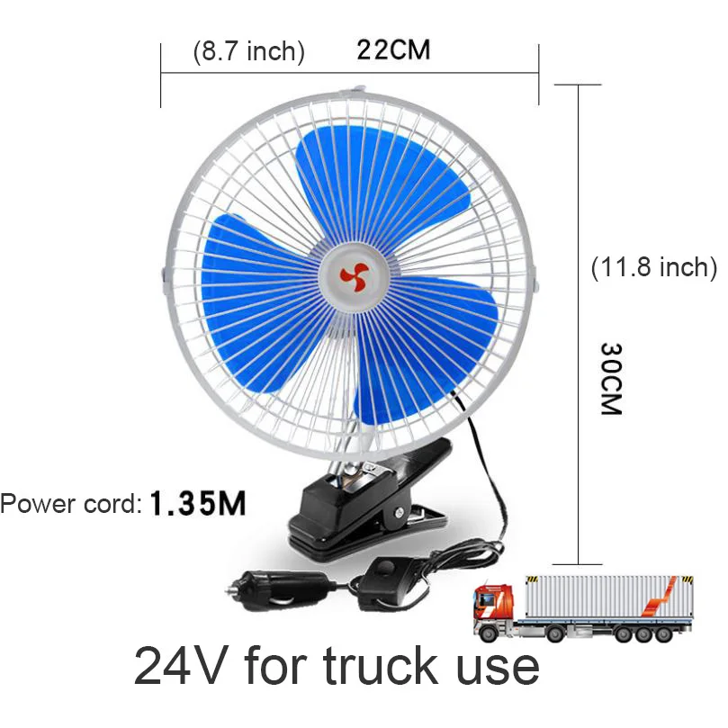 Orange Willcome 24V DC 360 Rotating Strong Wind Car Cooling Fan 2M Cord Low Noise Portable Auto Vehicle Fan for Truck Bus 