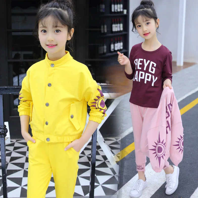 

Girls' Clothes Autumn Coat +t Shirt +pant 3 PC Suits New Kids Suits for Girls' Sports Suits Yellow and Pink Color 3-12 Ages