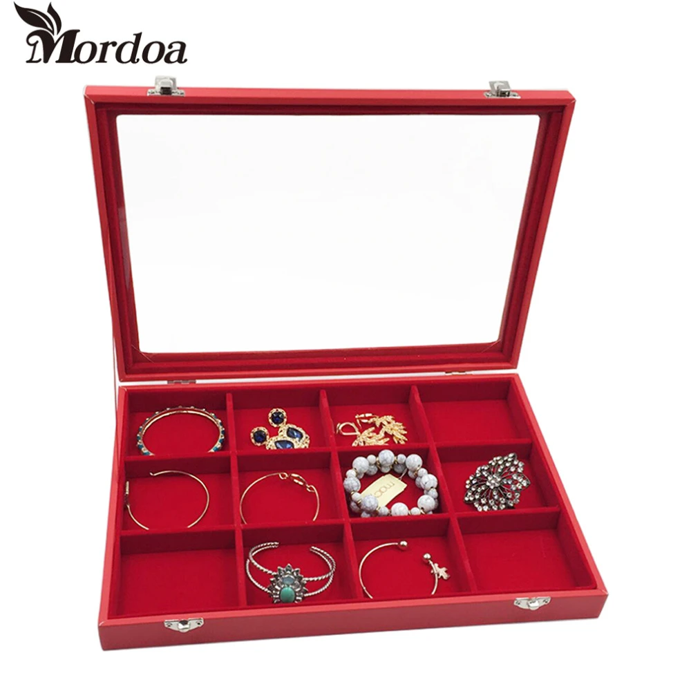 Caja de joyería roja con 12 ranuras, caja de almacenamiento de anillo con cubierta vidrio, caja de pendientes con tuerca de rueda, soporte de joyería, accesorios, estante de exhibición|accessories display rack|display