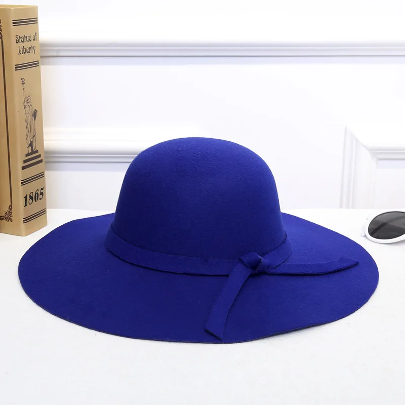 Women's Hat Cap Woman Classic Retro Jazz Warm Ladies Fedora Bucket Cotton Sweet Caps Wide Brim Top Sun Hat Trendy Vintage - Цвет: Royal Blue