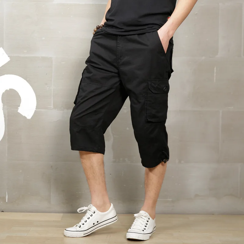 

Long Length Cargo Shorts Men Knee Pocket Casual Cotton Elastic Waist Bermudas Male Military Style Summer 2018 Capri Breeche Army