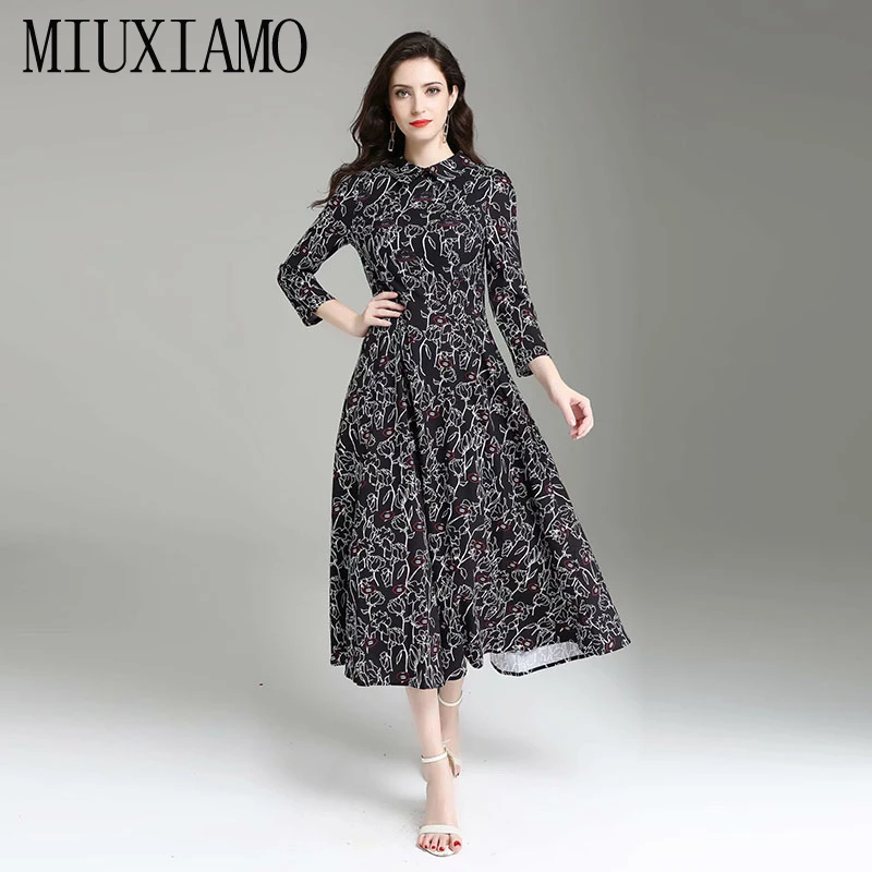 

MIUXIMAO 2019 Fall Long Dress Fashion New Arrival Flower Print High Quality Black Floor-Length Long Dress Women Vestido