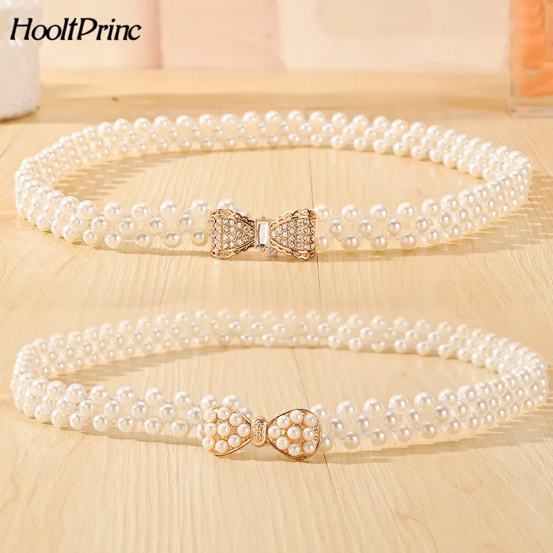 

Newly Design Women's Fashion Elegant Faux Pearl Elastic belt Beads Rhinestone Charms Waist Belt Strap Dress accessories