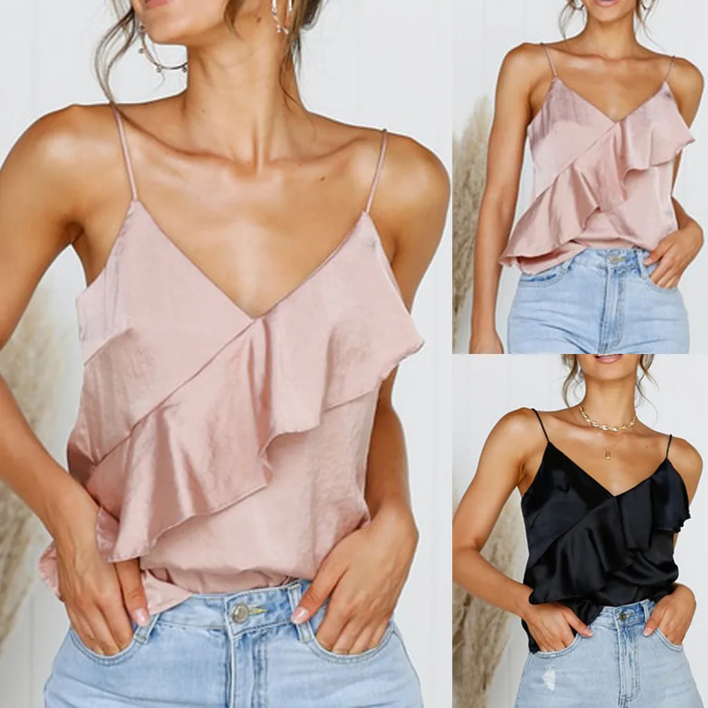 

Women Summer Fashion Women Camisole Ruffles Vest Pure Color Sexy Tops Easy Blouse Ladies Tops