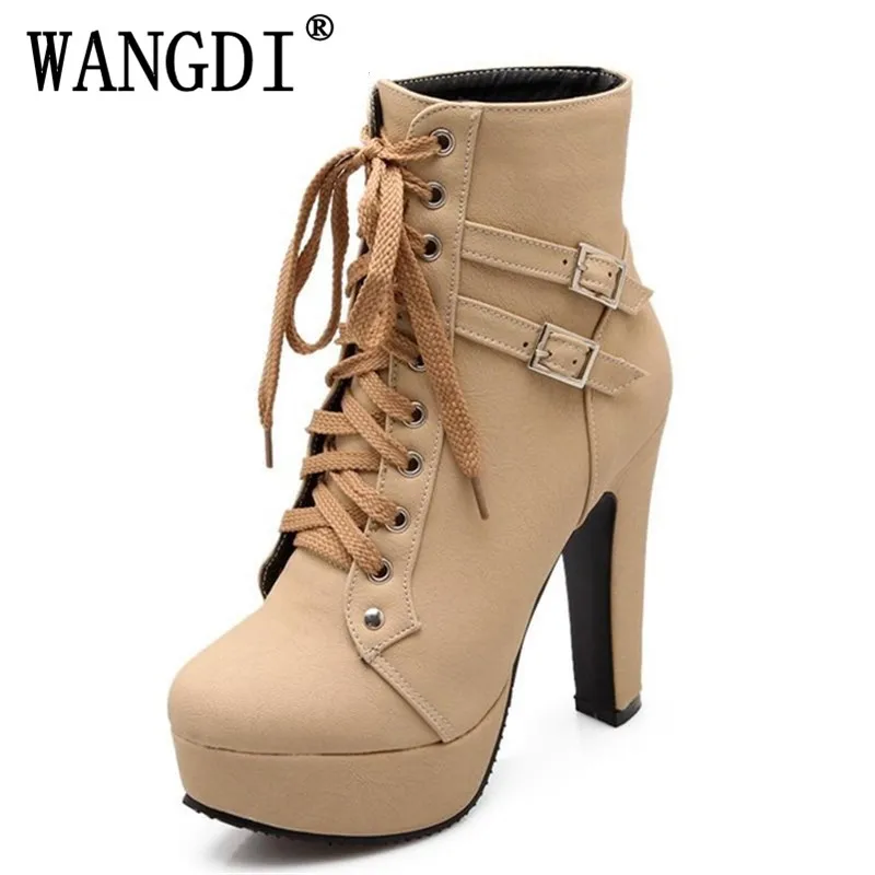 

2019 Autumn Winter Women Ankle Boots high heels lace up leather double buckle platform short booties new black SIZE 35-43