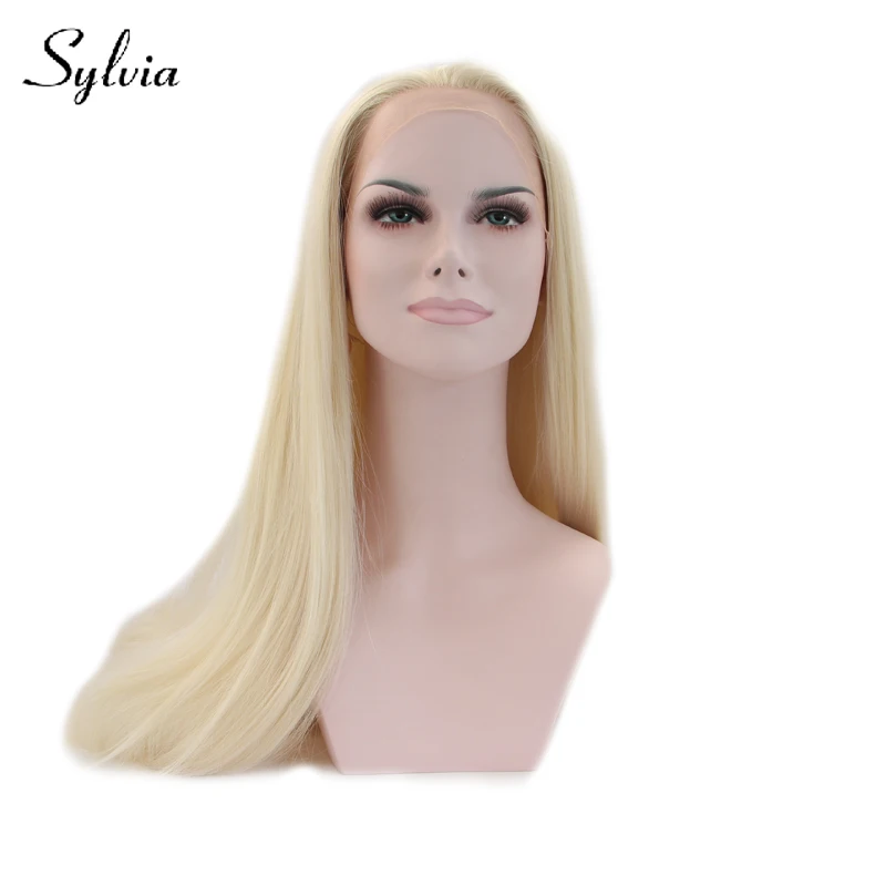 Sylvia 613 # блондинка шелковистые прямые синтетические кружева спереди парики натуральная блондинка жаропрочных волокна волос для женщин