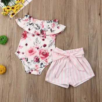 

2Pcs Baby Girls Bow Shorts + Off-Shoulder Bodysuit Set
